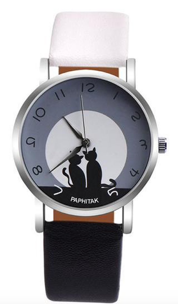 Hidzo Horloge Paphitak Katten - Ø 37 mm - Zwart-Wit - Kunstleer - In Horlogedoosje