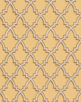 Etnisch behang Profhome DE120025-DI vliesbehang hardvinyl warmdruk in reliëf gestempeld met ornamenten en metalen accenten geel zijdegrijs goud 5,33 m2