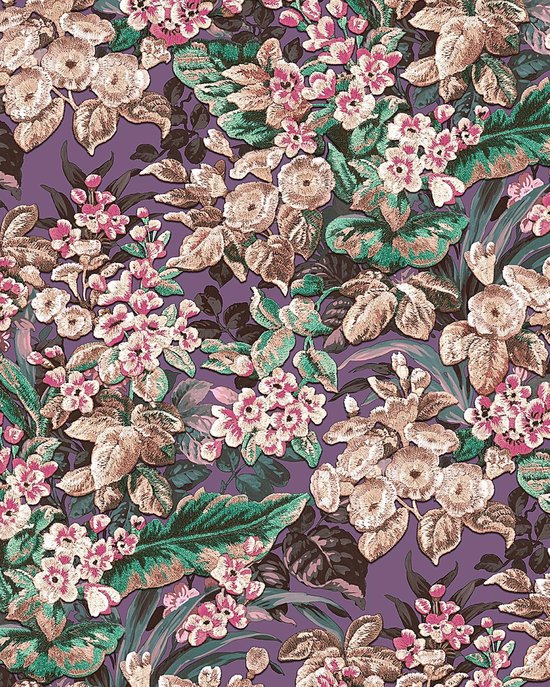 Bloemen behang Profhome BA220024-DI vliesbehang hardvinyl warmdruk in reliëf gestempeld met bloemen patroon mat purper purperviolet bordeauxpaars oudroze 5,33 m2