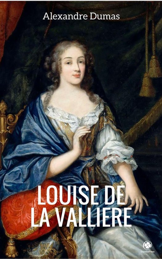 Portret van Louise de la Valliere in een blauwe jurk met gouden details en kant, geschreven door Alexandre Dumas.