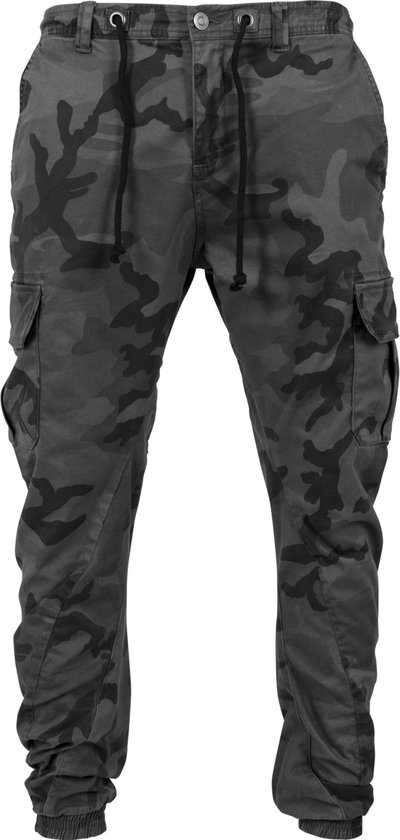 Mannelijke cargobroek met camouflageprint in grijs en zwart, met trekkoord en zakken.