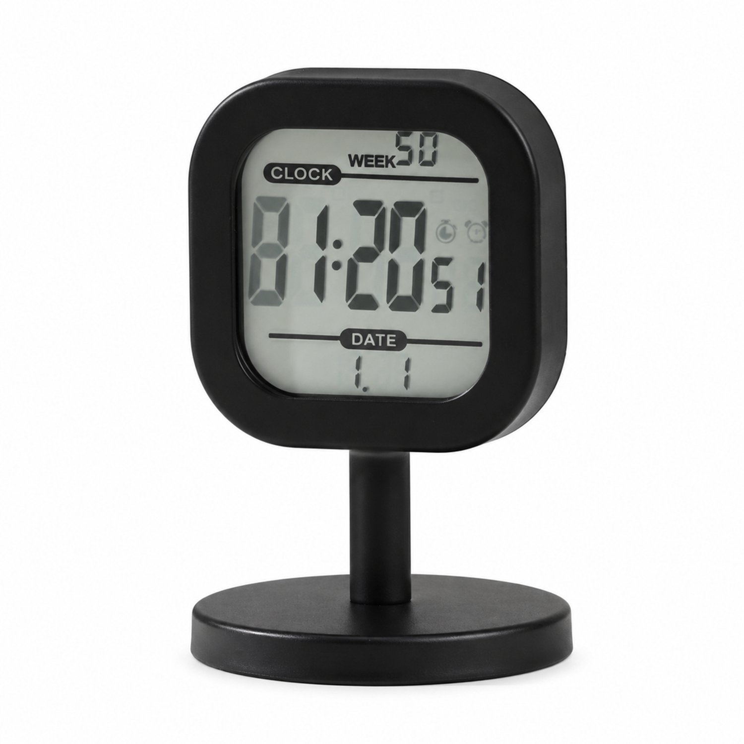 Digitale wekker voor op tafel, mini-model in matzwart met LCD, tijd-, weekdag- en datumweergave, alarm en timer, op batterijen