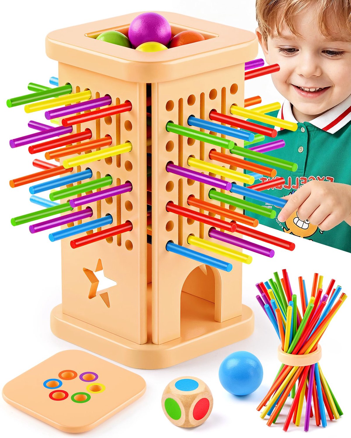 Montessori Houten Bordspel met Kleurrijke Stokken en Bal