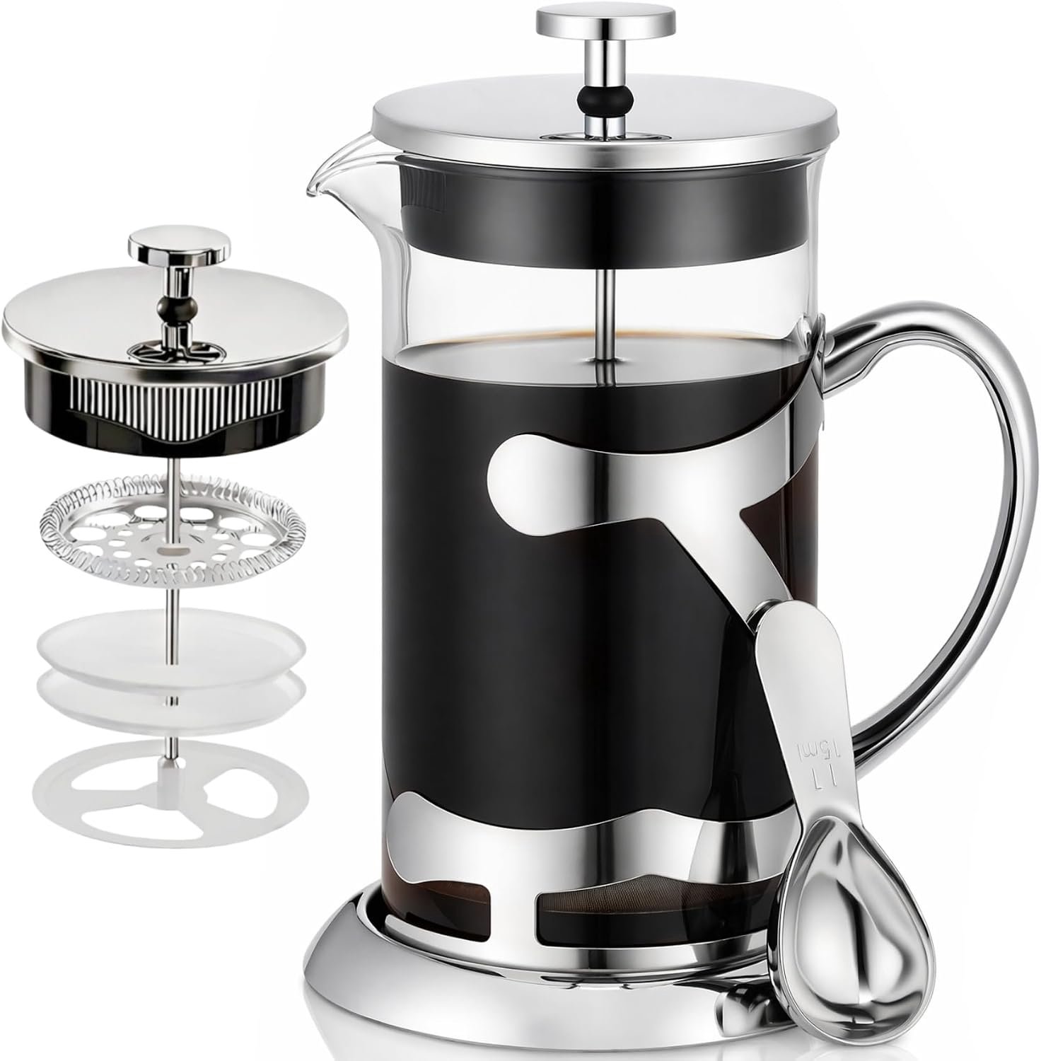 Stainless Steel French Press Coffee Maker 1L, 34oz Heat Resistant Borosilicate Glass Coffee Press with Coffee Measuring Spoon, Manual Brewer for Coffe