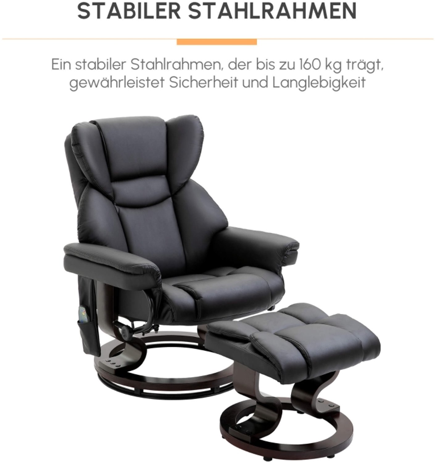 MIVRAY Relaxfauteuil 79 x 82 x 101 cm - Massage Met 10 Punten en Tot 145 Graden Kantelbaar - Voor de Woonkamer - Gebonden Leer - Zwart – foto 5