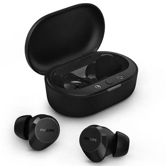 Zwarte Philips draadloze oordopjes en bijbehorende oplaadcase met klep.