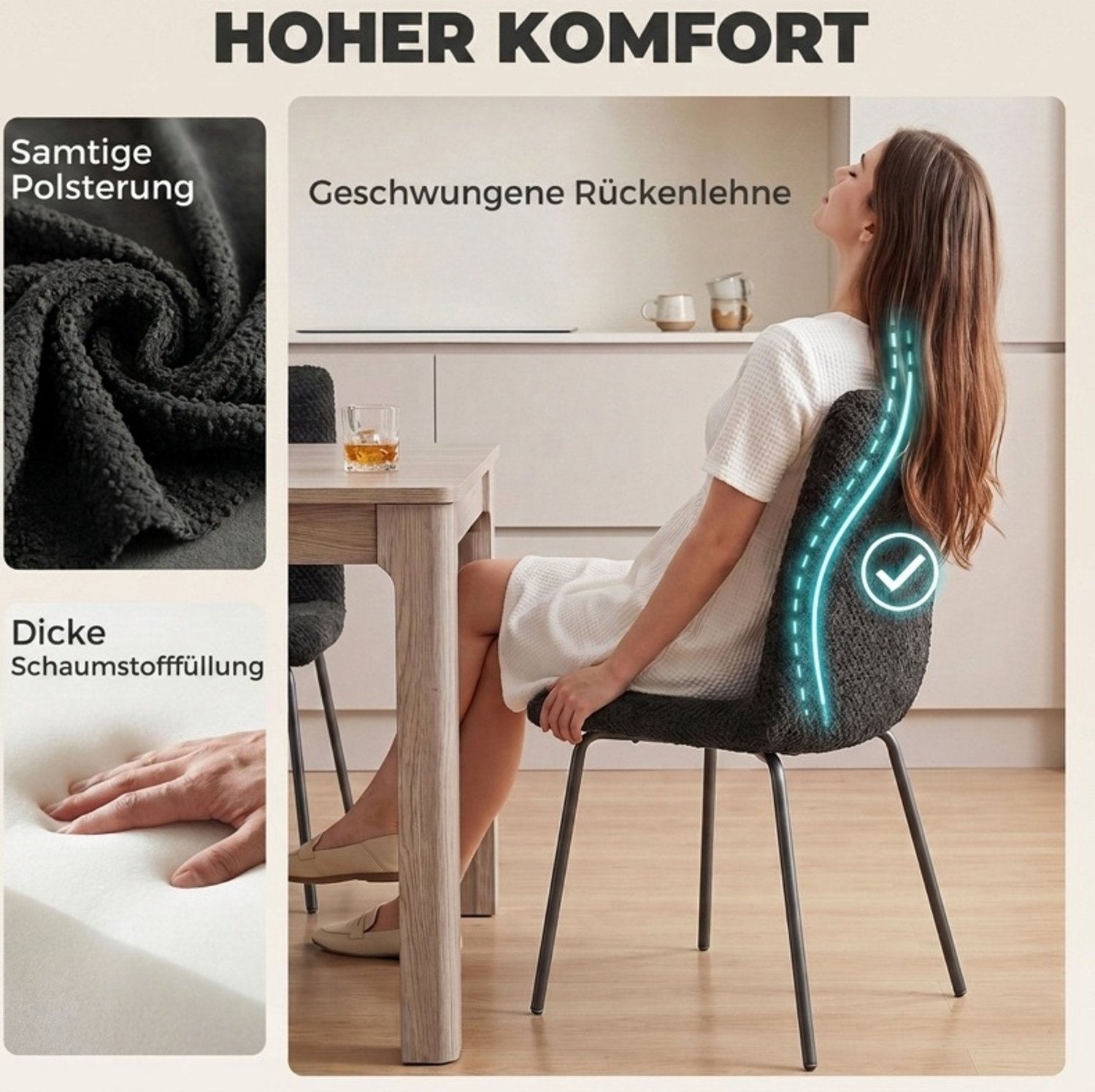 CHICFURN Eetkamerstoelen set van 2 - Fluwelen bekleding - Metalen poten - Donkergrijs