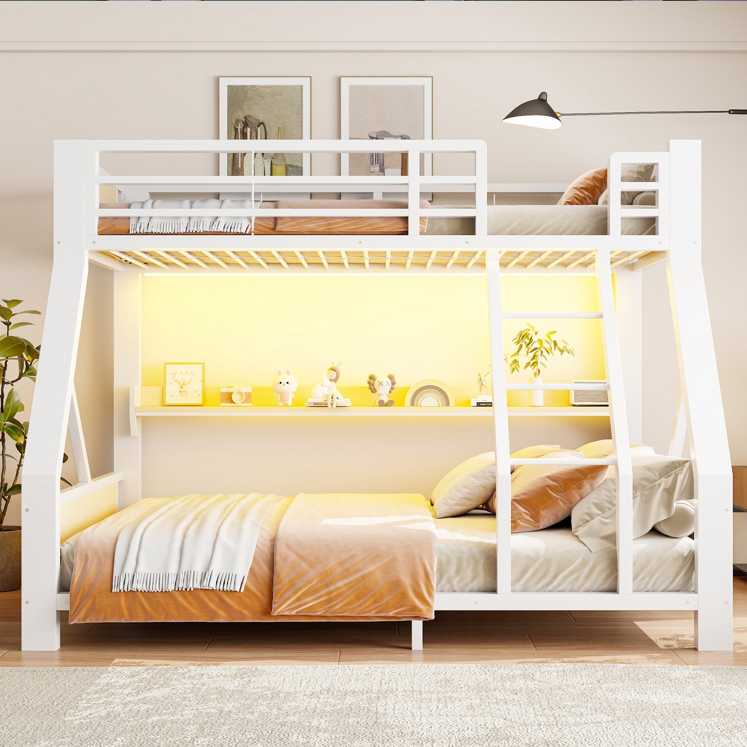 Wishdor Stapelbed 90x200 en 140x200 cm - Eenpersoonsbed boven en tweepersoonsbed onder - Met opbergvak en LED-verlichting - Industrieel ontwerp - Kinderkamer jeugdkamer logeerkamer - Metaal en hout - Wit