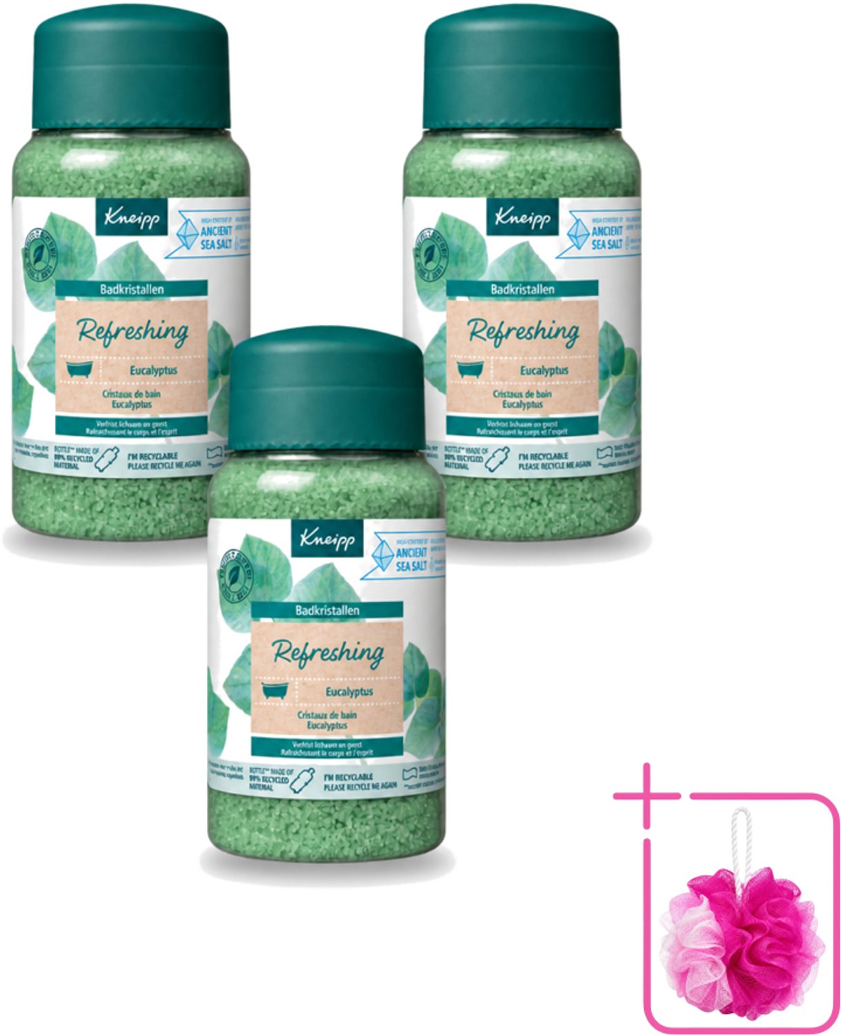 3 x Kneipp - Badzout - Badkristallen - Refreshing Eucalyptus - 600 g - Bulkverpakking - Badzout - Douchemop - Badkristallen