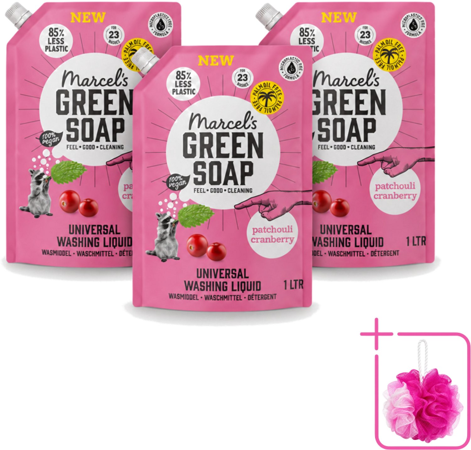 3 x Marcel's Green Soap - Vloeibaar Wasmiddel - Universeel - Navulling - Patchouli & Cranberry - Effectief & natuurlijk - 23 Wasbeurten - 1 liter - Bulkverpakking - Wasmiddel - Douchemop - Natuurlijk wasmiddel