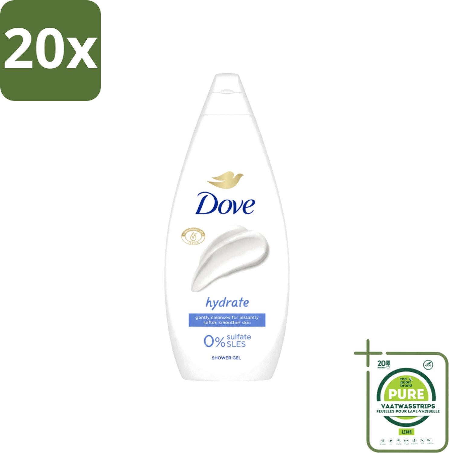 20 x Dove Douchecrème - Hydrate - 720 ml - Grootverpakking - Vaatwasstrips - Hydratatie - Droge Huid - Reinigingsgel - Milde Reiniging - Microbioomvriendelijk