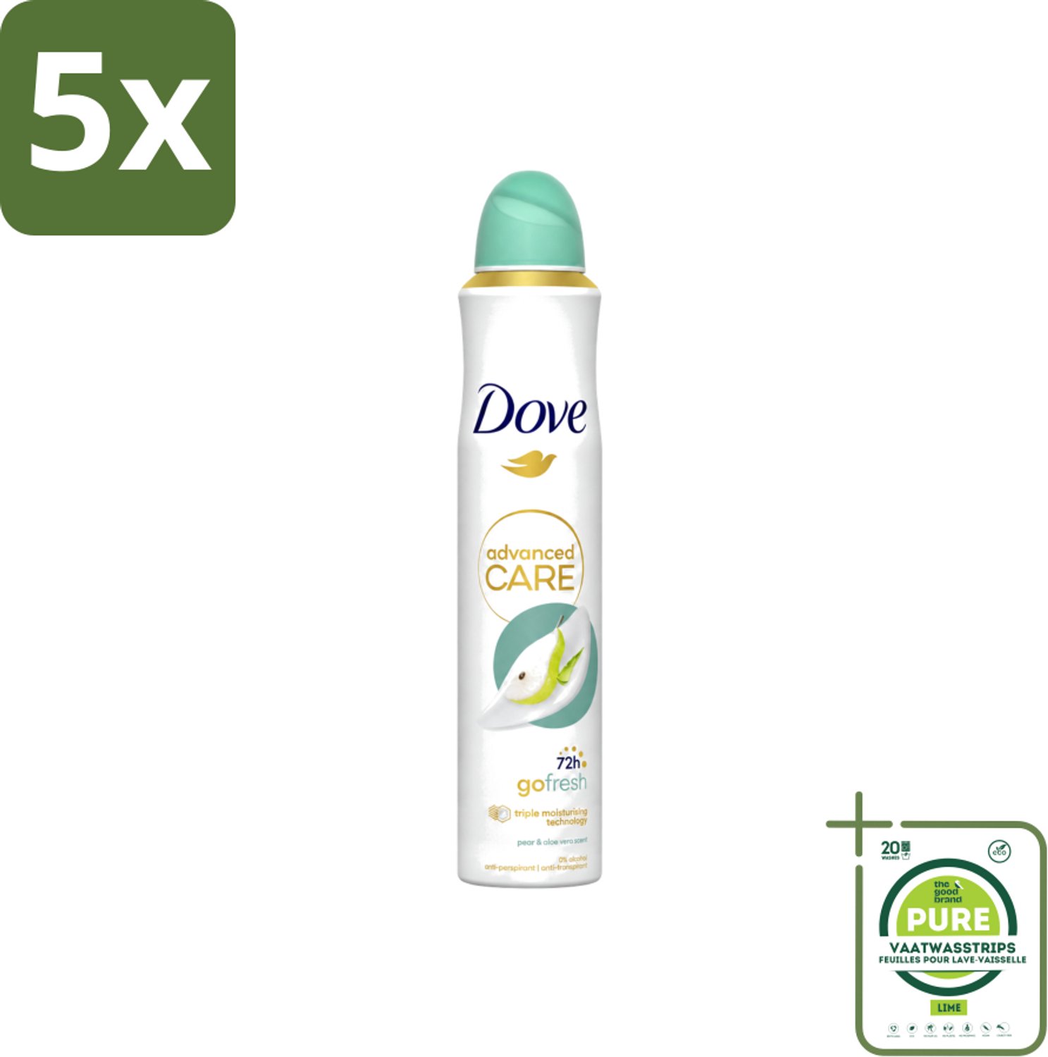 5 x Dove Deodorant Spray - Peer & Aloë Vera - 200 ml - Grootverpakking - Vaatwasstrips - Dove Deodorant Spray - Anti-transpirant - Zweetvermindering - Frisheid - Okselhuid Verzorging