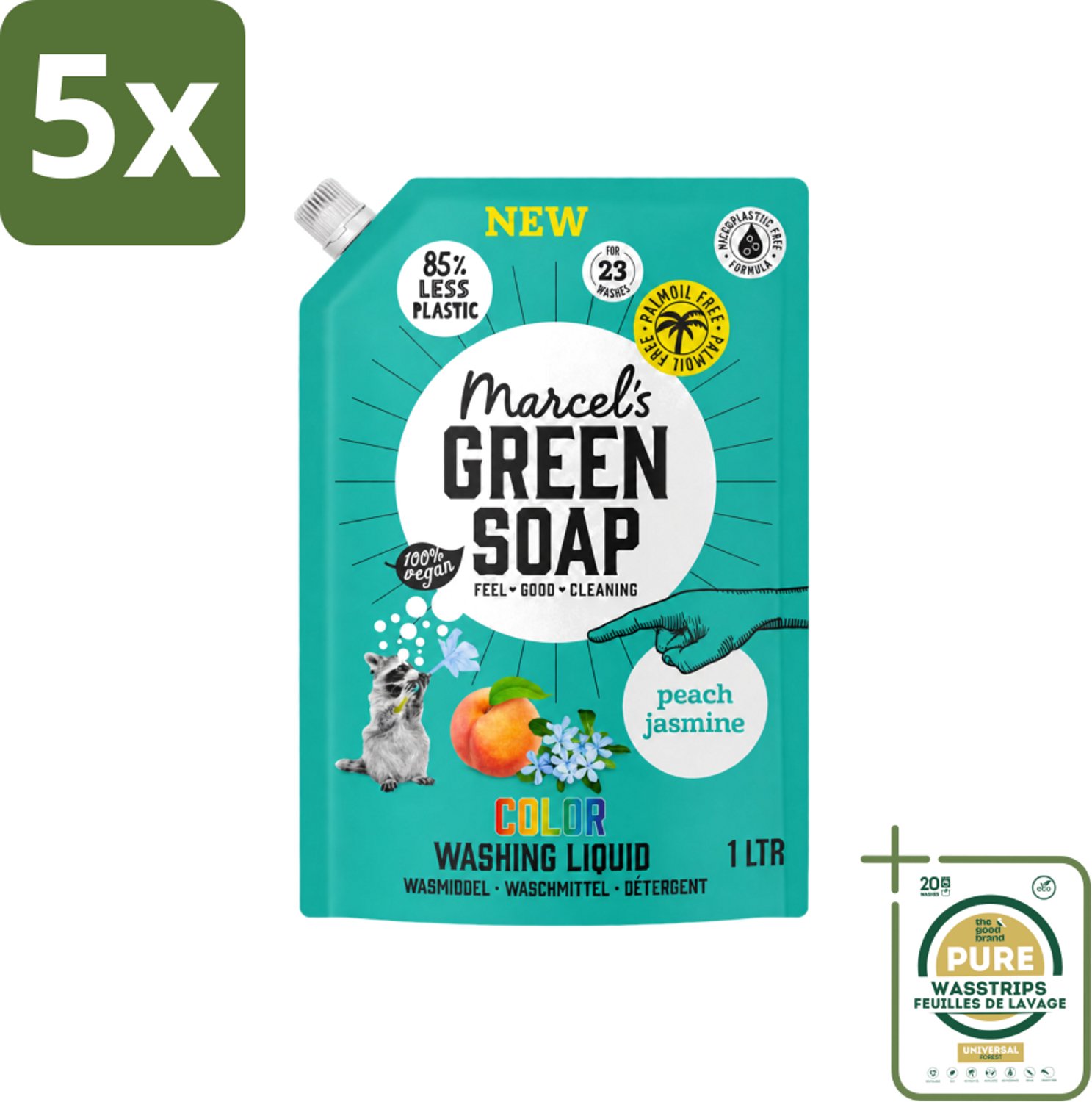 5 x Marcel's Green Soap - Vloeibaar Wasmiddel - Kleur - Navulling - Perzik & Jasmijn - Effectief & natuurlijk - 23 Wasbeurten - 1 liter - Wasstrips - Wasmiddel - Geur - Duurzaam Wasmiddel - Geur Perzik En Jasmijn - Navulwasmiddel