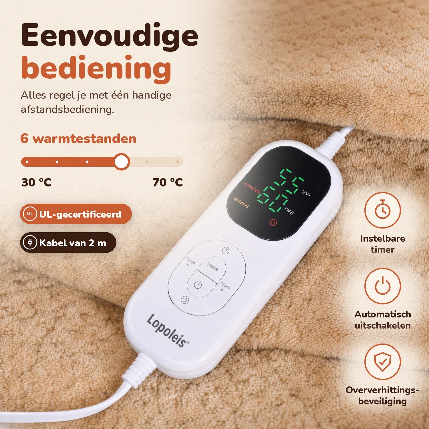 Lopoleis® Elektrische Deken XXL 180x150 cm – Verwarmingsdeken – Infrarood Warmtedeken – Omslagdeken – Flanel & sherpa – 150W – Bruin – foto 7