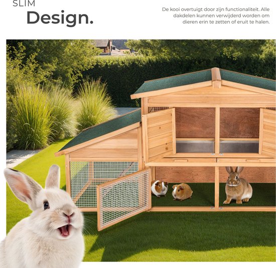 Houten knaagdierenverblijf met afneembare dakdelen, bewoond door twee cavia's en een konijn.