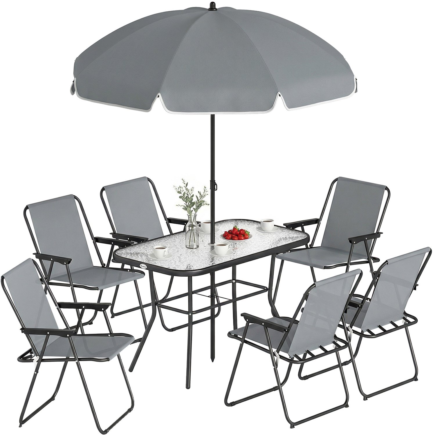 Outsunny Tuinset met Parasol en 6 Stoelen - Tuinset met Tafel - Eethoek voor Buiten - Grijs