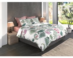 Heckettlane Dekbedovertrek Tiera - Dekbed met instopstrook - Wit - Dekbedovertrek van 100% Katoen-Satijn - Bladeren - 200x200-220 cm + 2 slopen 60/70 cm - Bangkok