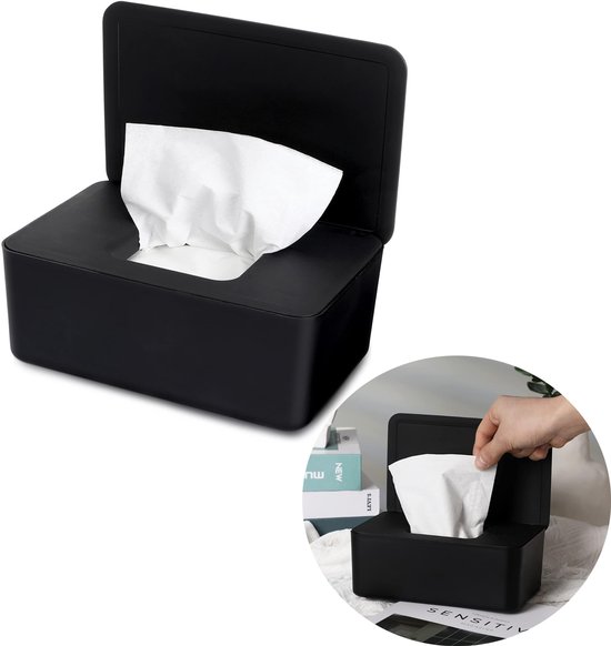 Tissue Houde - Tissuedoos voor Vochtige Doekjes - Vochtig Toiletpapier Houder - Doos Vochtige Doekjes - Bewaar tissues en vochtige doekjes - Thuis, kantoor, restaurant - 18.5 × 12.2 × 7cm - Geschikt voor thuis, op kantoor en in de auto - Zwart