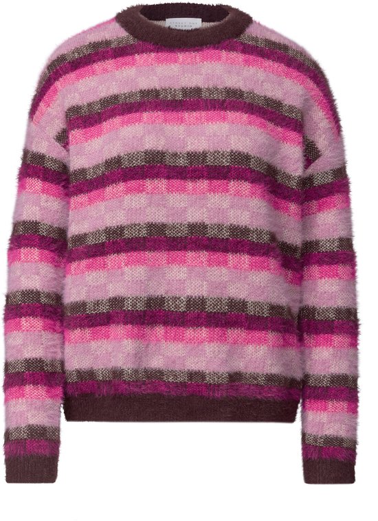 Zachte trui met roze en bruine strepen, ronde hals en Street One Studio label.