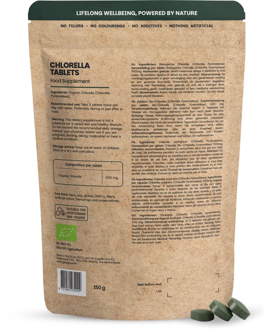 Achterkant van GOYU Chlorella zakje met ingrediëntenlijst, gebruiksaanwijzing en streepjescode.