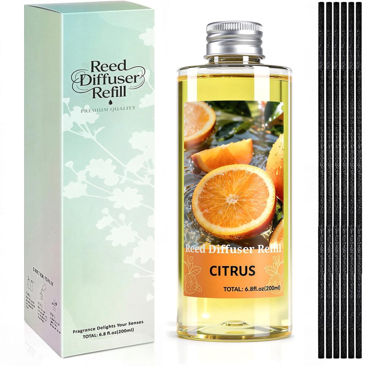 Kamergeur 200 ml - Navulfles met geurstaafjes - Mandarijngeur - Langdurige aroma-navulling - Geschikt voor woonkamer/slaapkamer - Eenvoudig in gebruik - Geurdiffuser