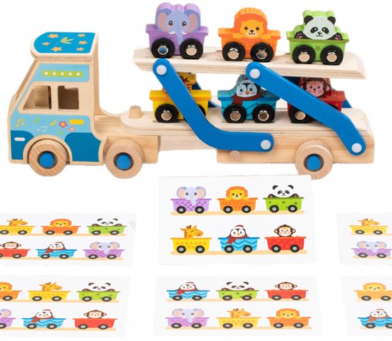 Houten autotransporter met 6 geladen dierenauto's en diverse educatieve kaarten.