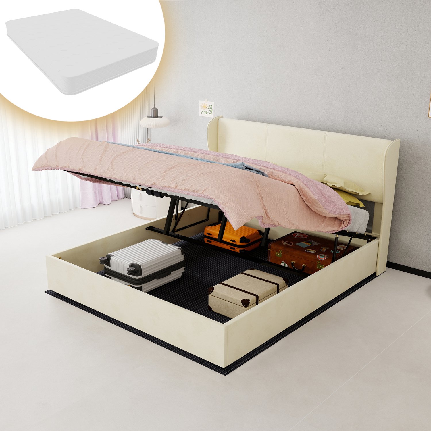 WUVRIE Gestoffeerd bed 160x200 cm - Met opbergruimte en opklapbare bedbodem - Beige