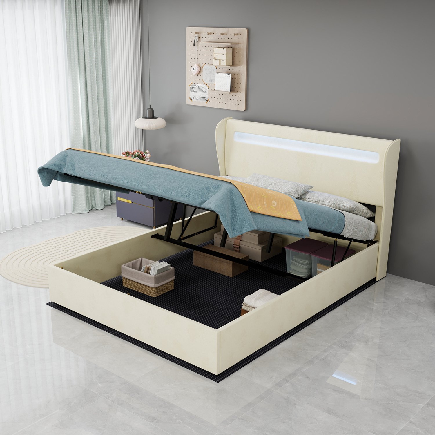 WUVRIE Gestoffeerd bed 140x200 cm - Met LED en opbergruimte - Inclusief matras - Beige