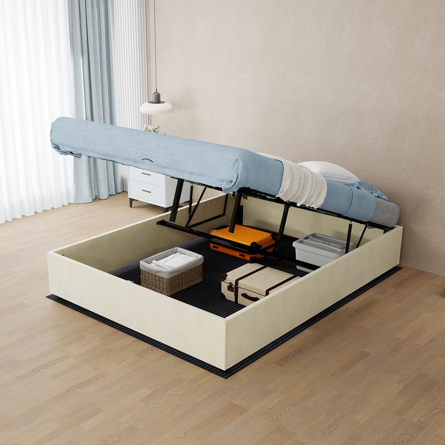 WUVRIE Bed 140x200 cm met matras - Opklapbare bedbodem en opbergruimte - Beige