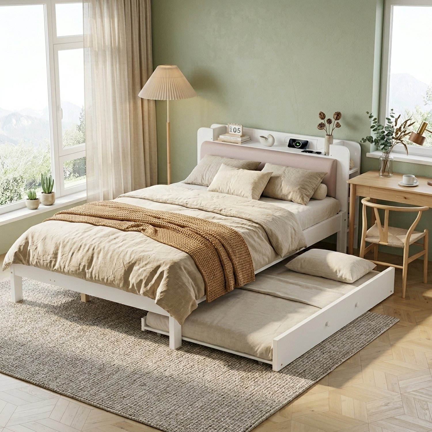 WUVRIE Bed 120x200 cm met uitschuifbed 90x190 cm - Gestoffeerd hoofdbord met laadstation - Wit