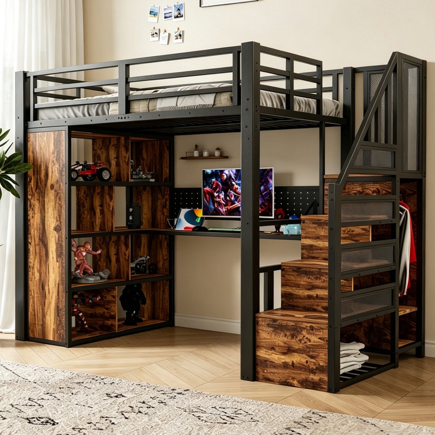 WUVRIE Hoogslaper 90x200 cm - Met bureau, opbergtrap, kledingkast en LED-verlichting - Zwart