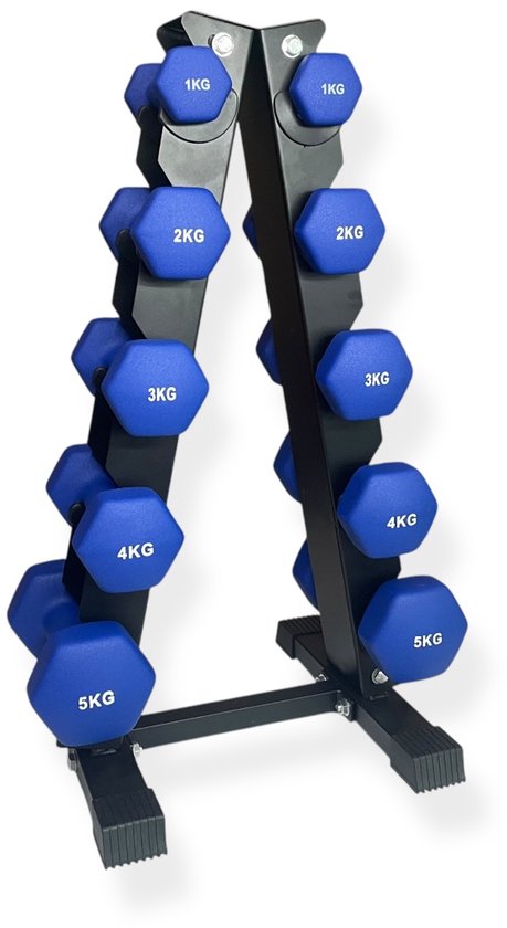Zwarte halterrek met 10 blauwe dumbells van 1kg tot 5kg.