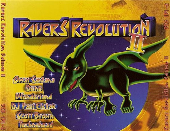 CD-hoes van Ravers Revolution II met een groene pterodactylus tegen een gele achtergrond en een lijst met artiesten.