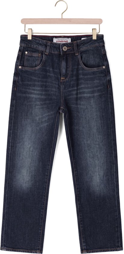 Voorkant van donkerblauwe Vingino jeans met knoopsluiting en klassieke five-pocket details.
