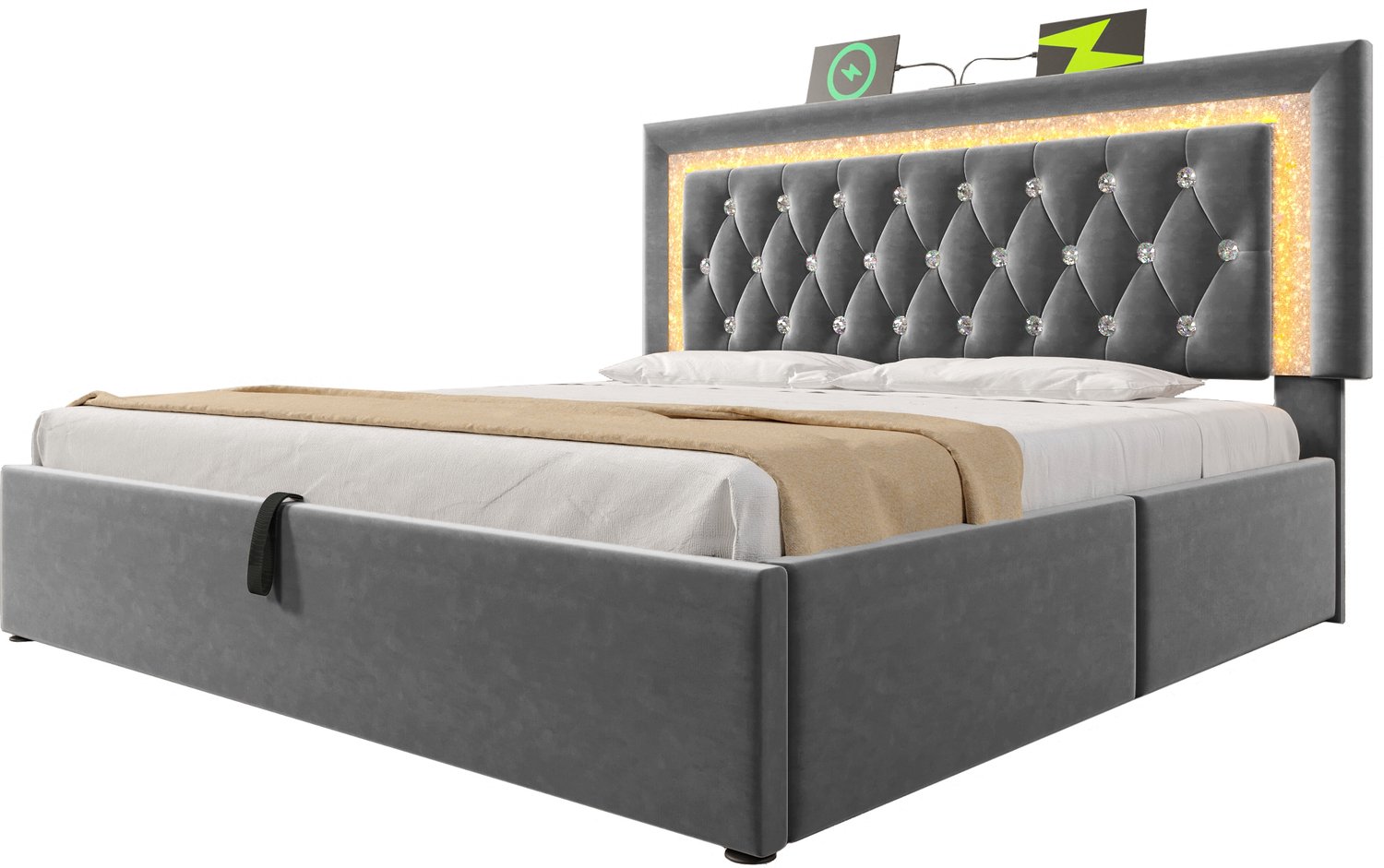 MUVANO Fluwelen tweepersoonsbed 180x200 cm - Hydraulisch opbergbed - LED en USB-C - Lattenbodem - Metaal en hout - Voor de slaapkamer - Grijs