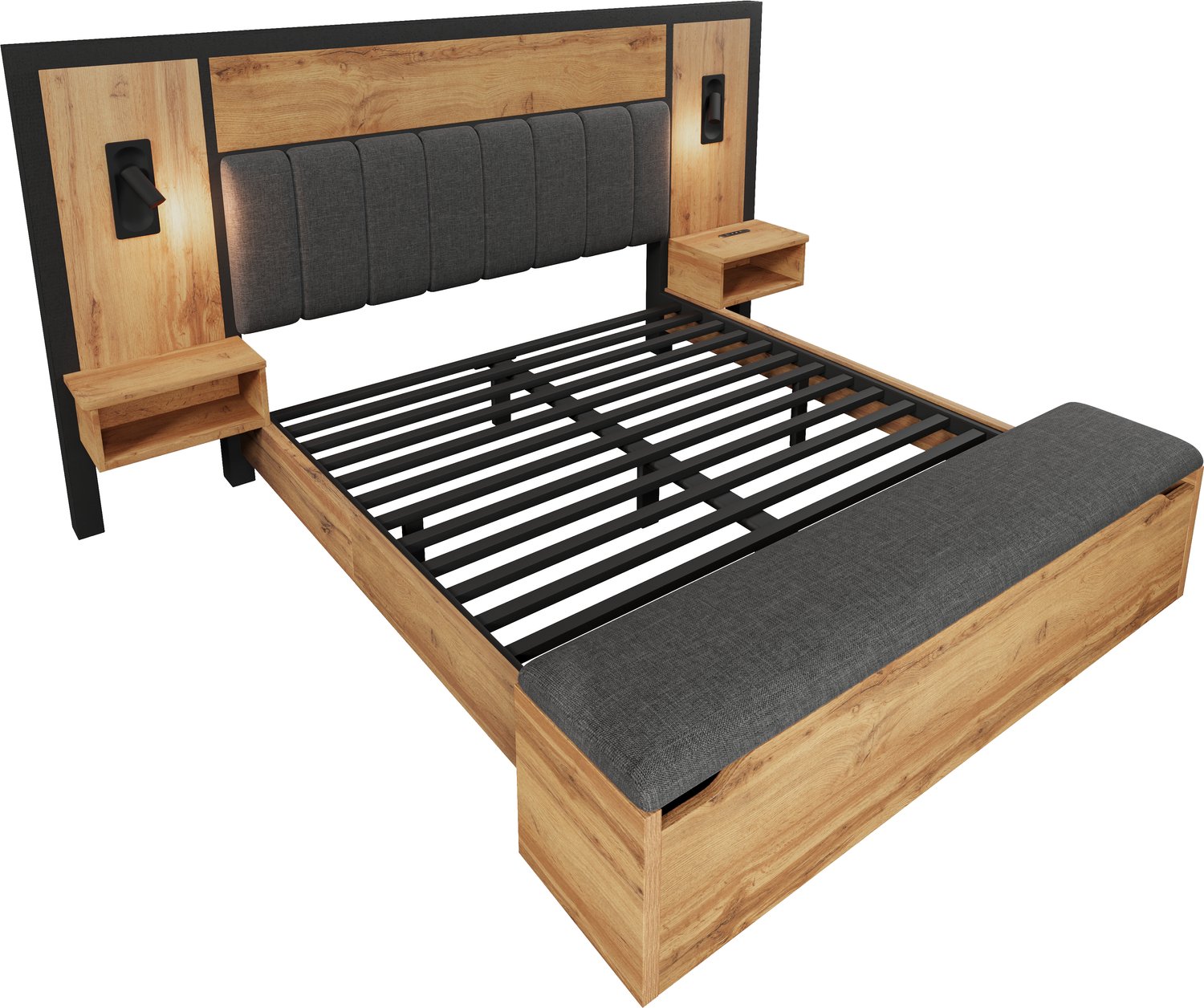 MUVANO Tweepersoonsbed 160x200 - gestoffeerd eiken bed met leeslampen en USB-C - metalen lattenbodem - bedbank met opbergruimte eikenkleur