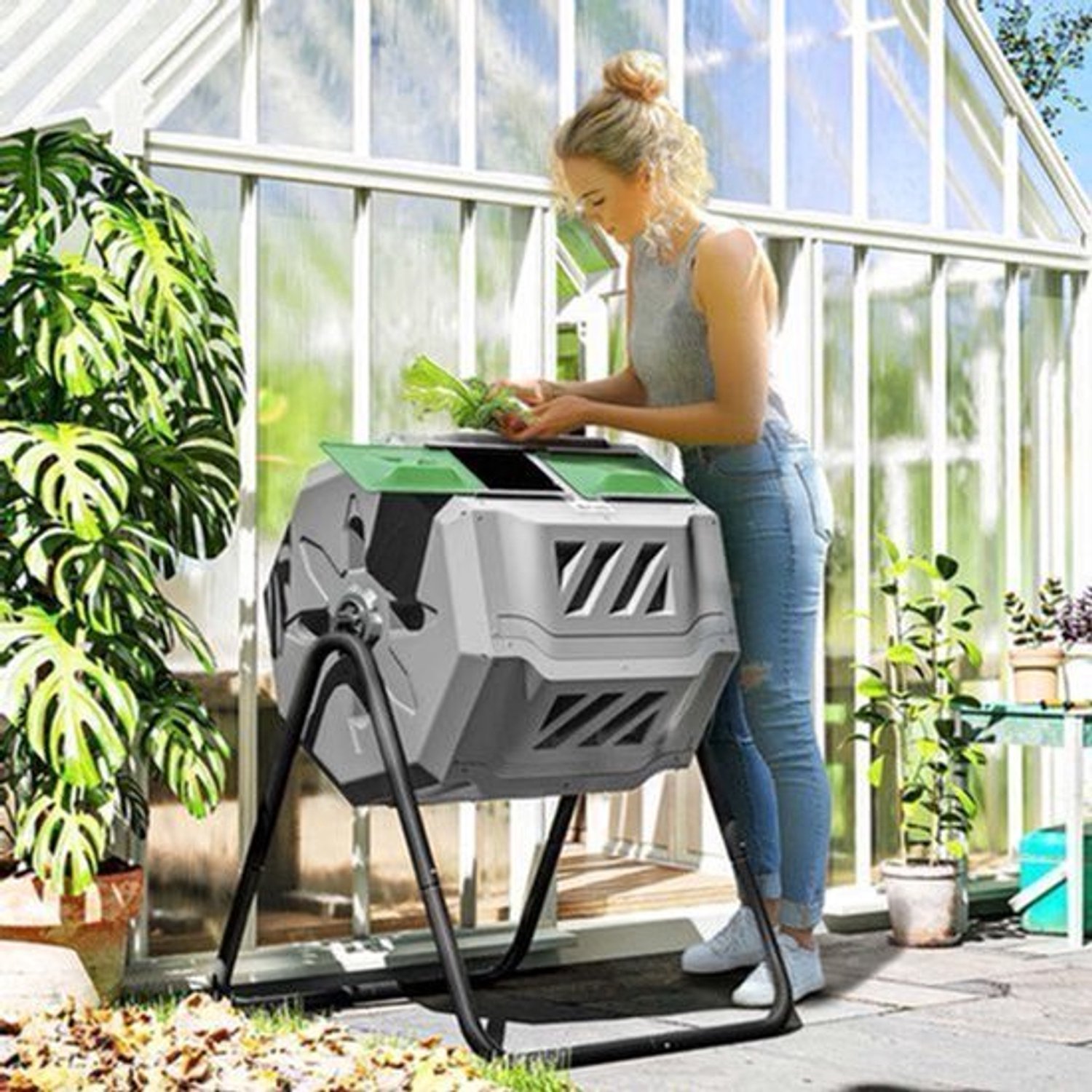 Compostbak – Compostcontainer – Compostton – Compostvat – Composteerbak – 2-Kamer Systeem – 160L Capaciteit – Draaibare Trommel – Grijs Groen Zwart