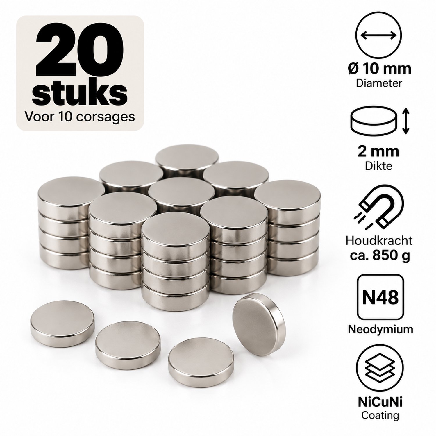 Corsagemagneten Ø10 x 2 mm – Set voor 10 corsages Dunne stof (jurk, blouse) – 2 stuks