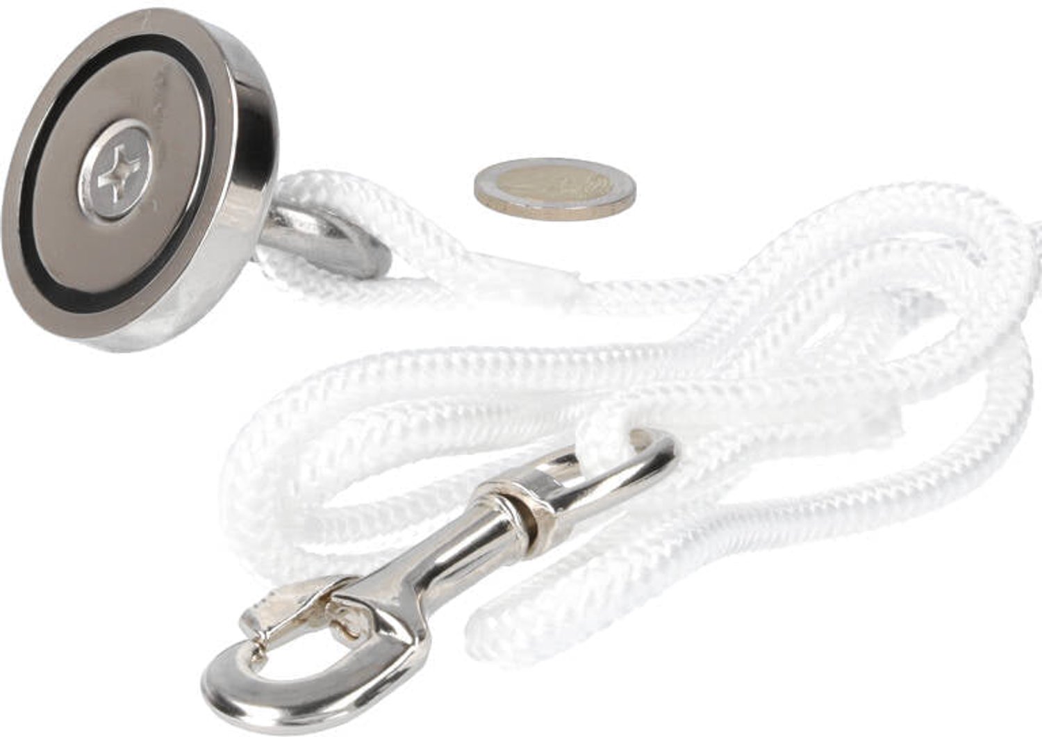Neodymium Vismagneet Ø48 x 10 mm 88 kg Trekkracht NiCuNi – Starterset met 16 m Touw, Oogmoer en Bout