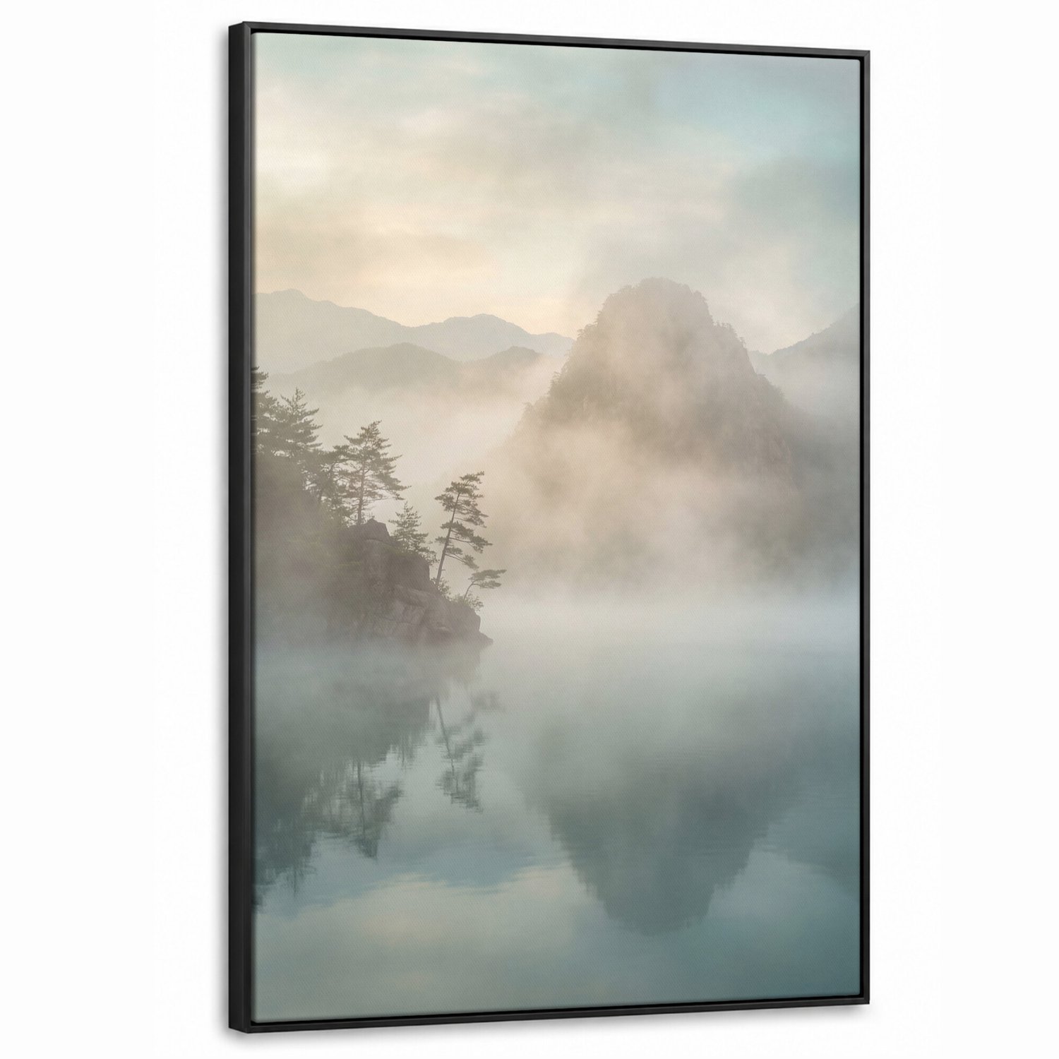 Canvas Schilderij met Baklijst - Landschap - Bergen - Mist - Water - Natuur