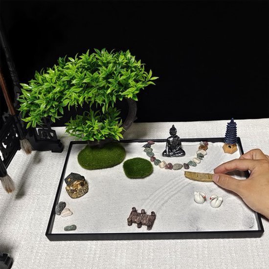 Zen Garden Zen-mini-tuin, meditatie, rots- en zandtuin, met hark voor zentuin, kantoor, voor ontspanning en meditatie, Japans, decoratief — afbeelding 4