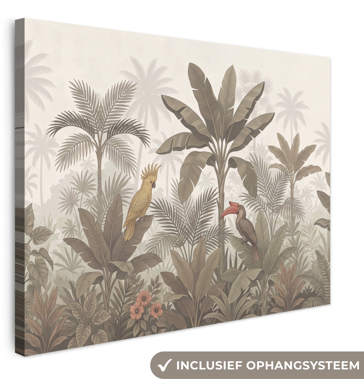 Canvas schilderij 100x70 cm - Exclusieve wanddecoratie Vogel - Jungle - Tropisch - Illustratie - Groen - Muurdecoratie woonkamer - Slaapkamer decoratie - Kamer accessoires - Schilderijen op canvas