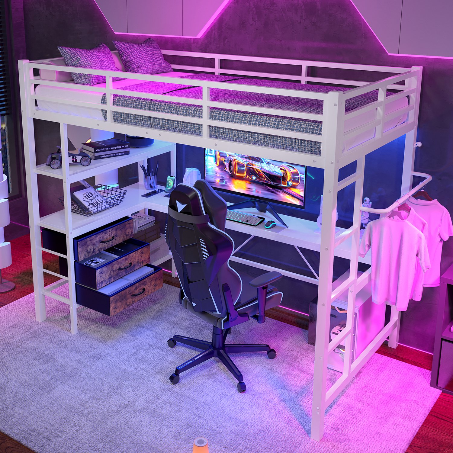 WUVRIE Hoogslaper 90x200 cm - Met bureau, 3 lades, trap, verlichting en USB - Wit