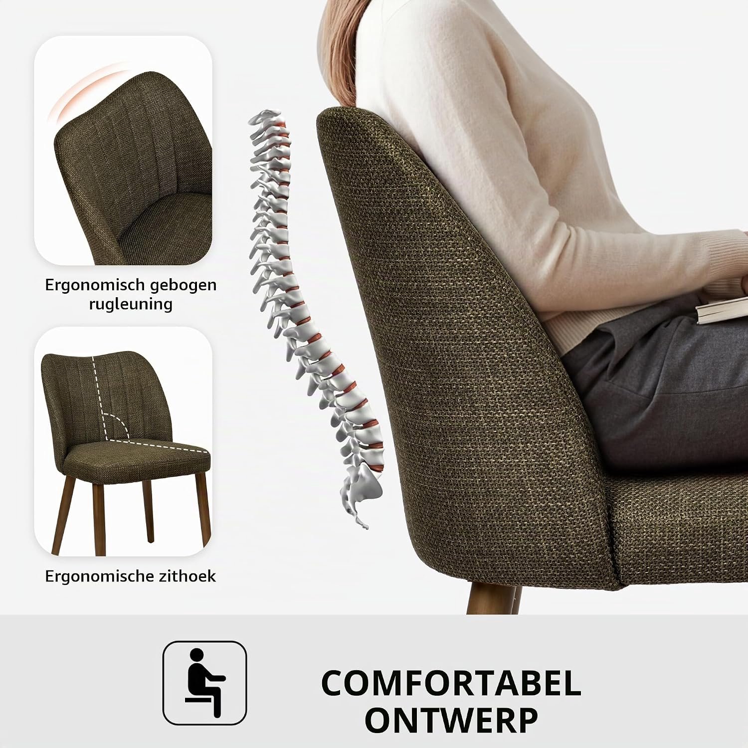 Linnen Eetkamerstoelen Set van 4 Groen met Houten Poten, Comfortabele Gestoffeerde Keukenstoelen met Ergonomische Rugleuning, Moderne Eetkamerstoelen voor Eetkamer, Woonkamer en Keuken