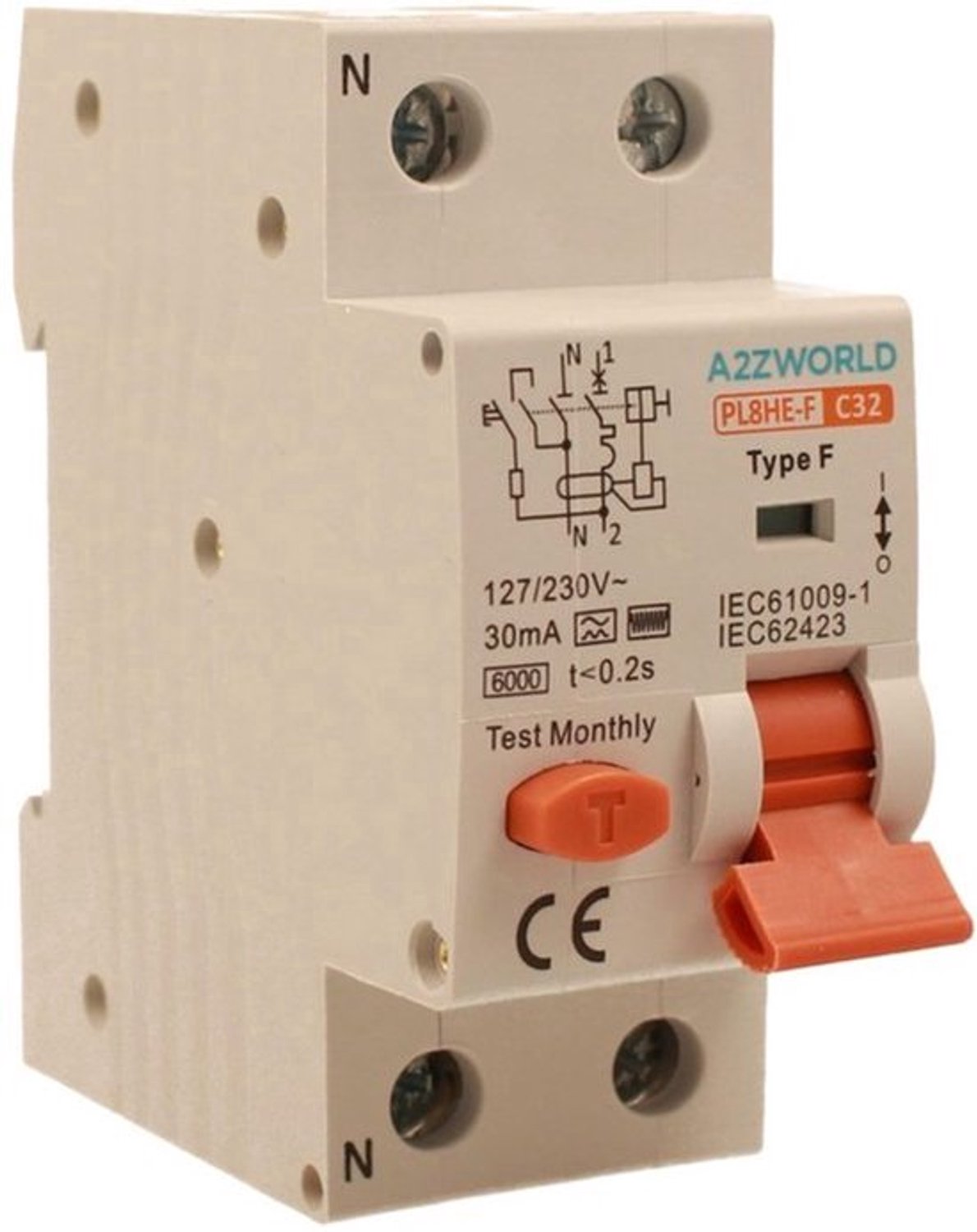 Magnetothermische differentiaalschakelaar, type F 32A C32, RCBO type F curve C 6 kA 30 mA, 1P+N, 2 DIN-modules, voor warmtepompen, airconditioning, wasmachines, door inverters aangestuurde motoren