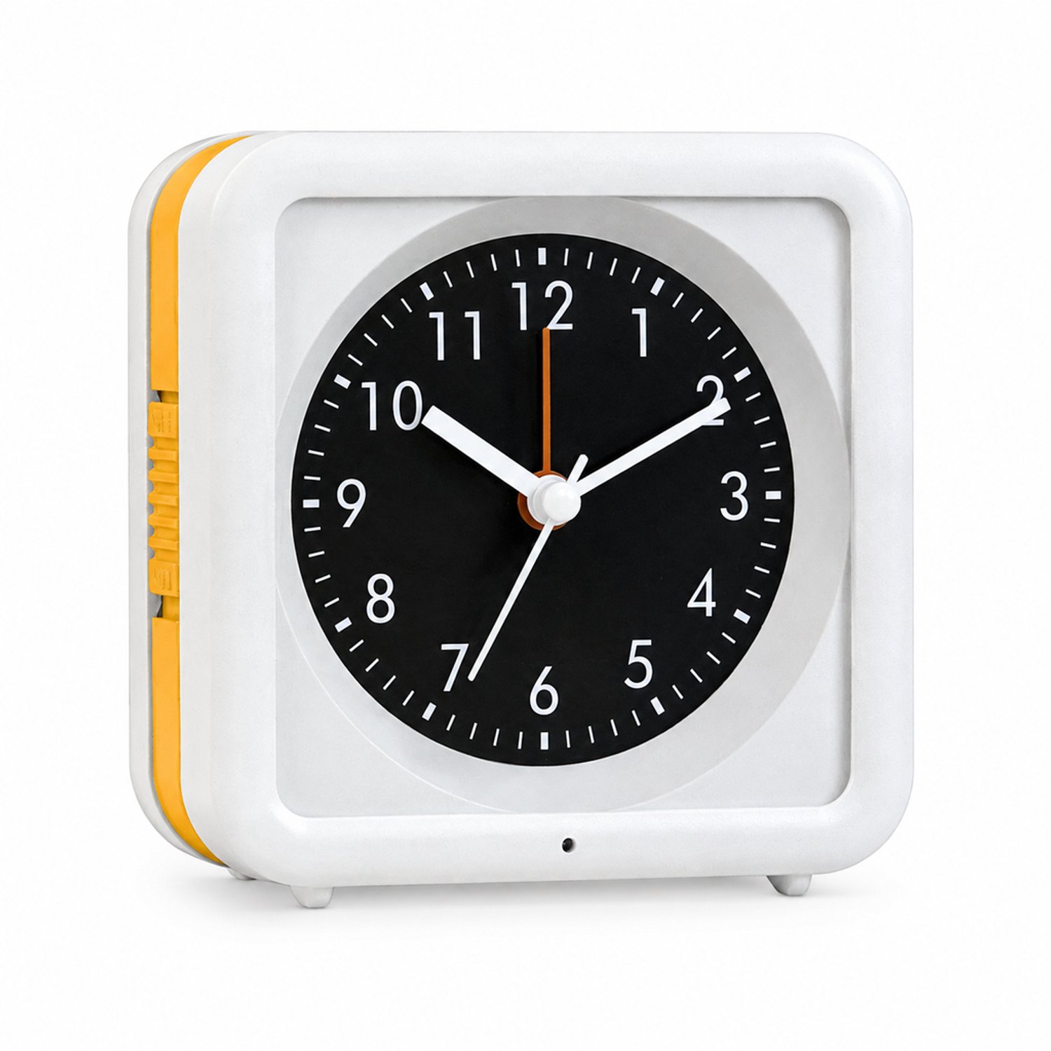 wekker - Stil quartz met wijzers en nachtverlichting - Op batterijen - Wit en geel met zwarte wijzerplaat - Staand model voor nachtkastje of bureau