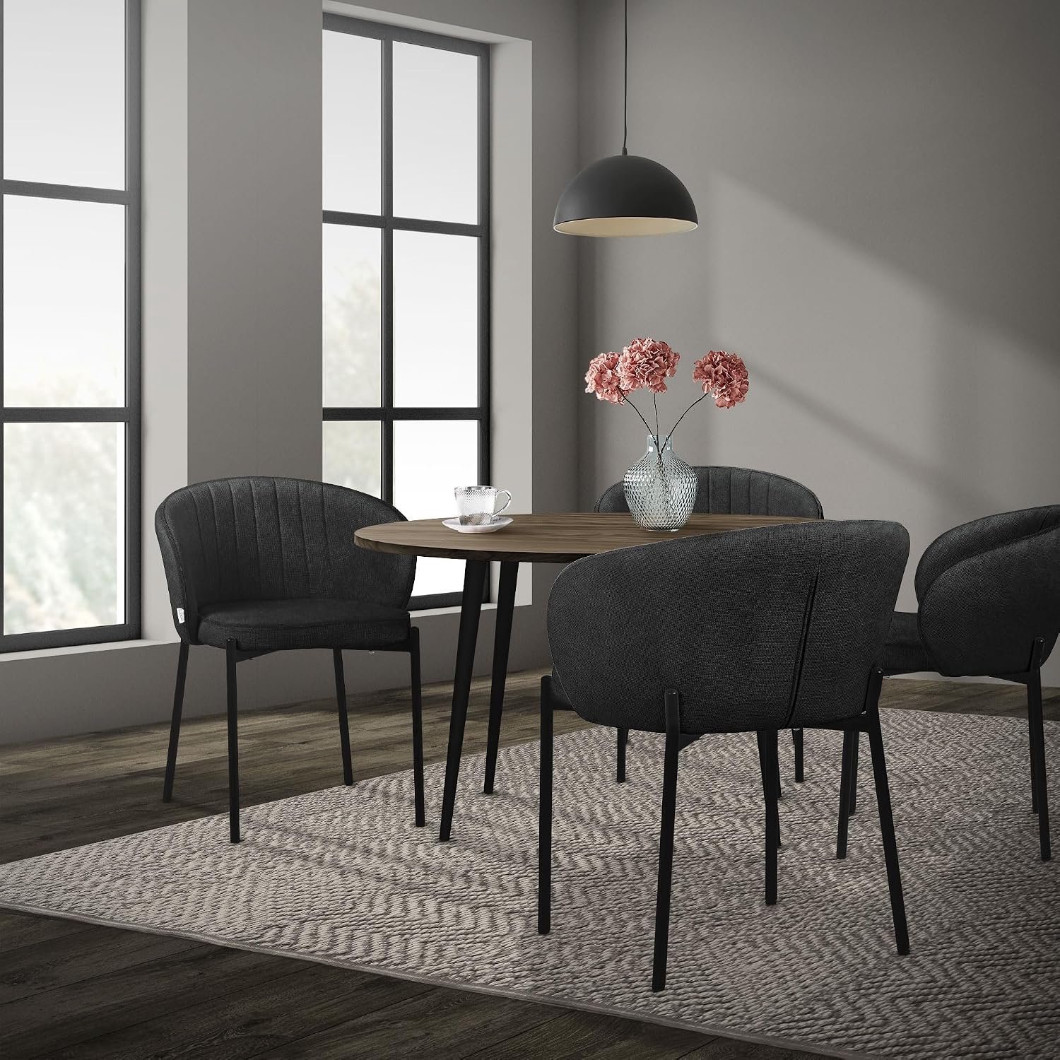 Luxe Eetkamerstoelen Set van 2 Antraciet met Zachte Stoffen Bekleding, Ergonomische Rugleuning, Comfortabele Gewatteerde Zitting en Stevige Zwart Metalen Poten, Moderne Keukenstoelen voor Eettafel, Woonkamer en Thuiskantoor