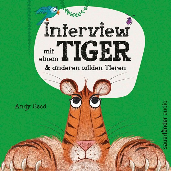 Boekomslag met een illustratie van een tijger met grote poten op een groene achtergrond. Tekst: Interview met een tijger.