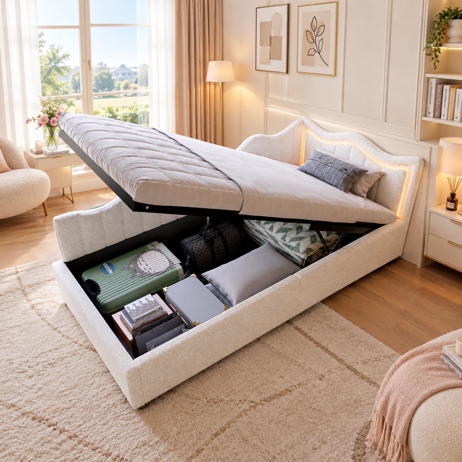 MEXUS Opbergbed 90x200 cm met ledverlichting, eenpersoons slaapbank 90x200 met hydraulische opbergruimte en hoofdeinde, eenpersoonsbedframe met lattenbodem, kinderbed, geschikt voor tieners, fluwelen, Wit