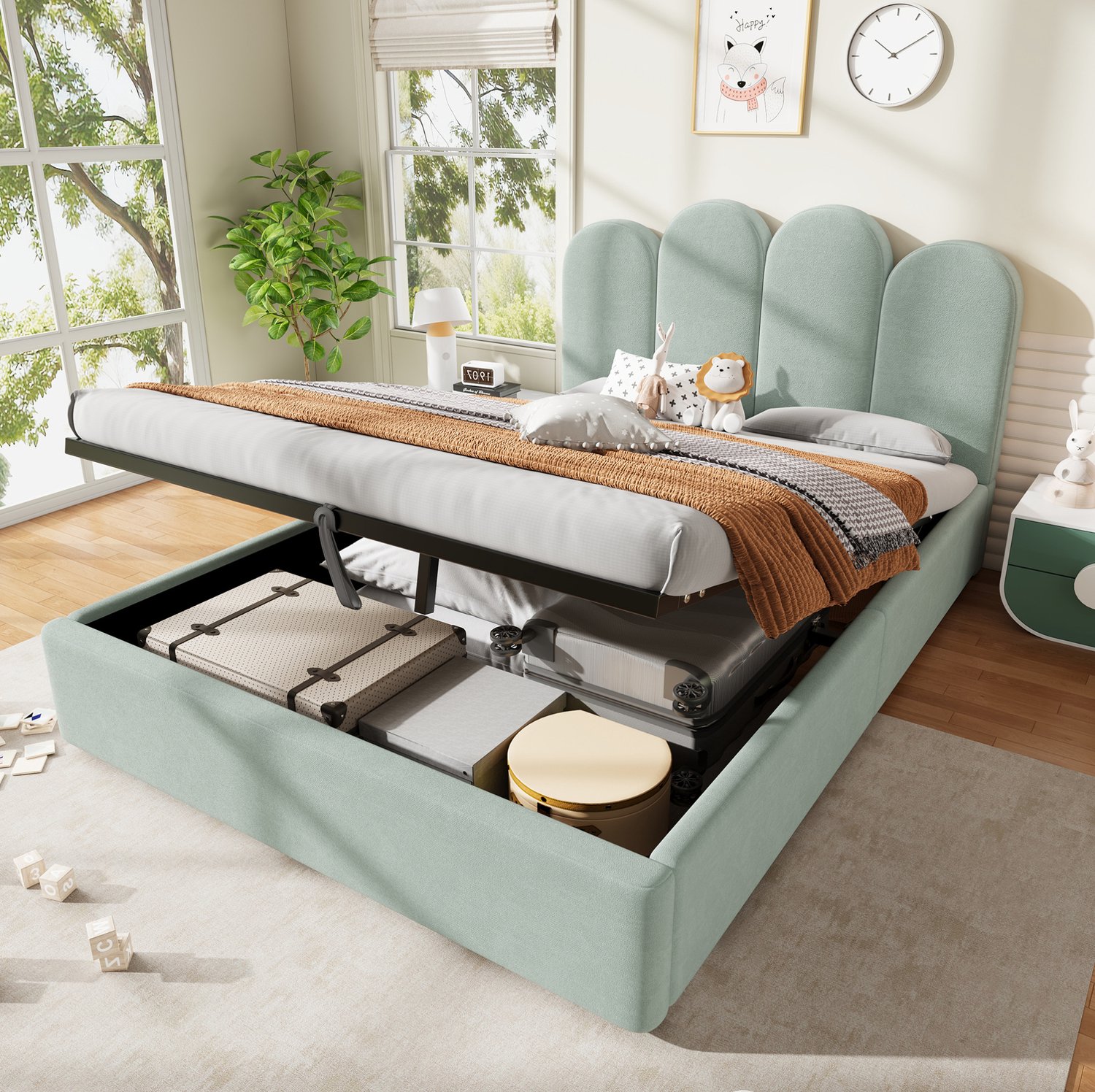 OKWISH Gestoffeerd Tweepersoonsbed 140 x 200 cm - Hydraulische Opbergfunctie - Ruime Opbergruimte - Fluwelen Hoofdbord - Zonder Matras - Lichtgroen